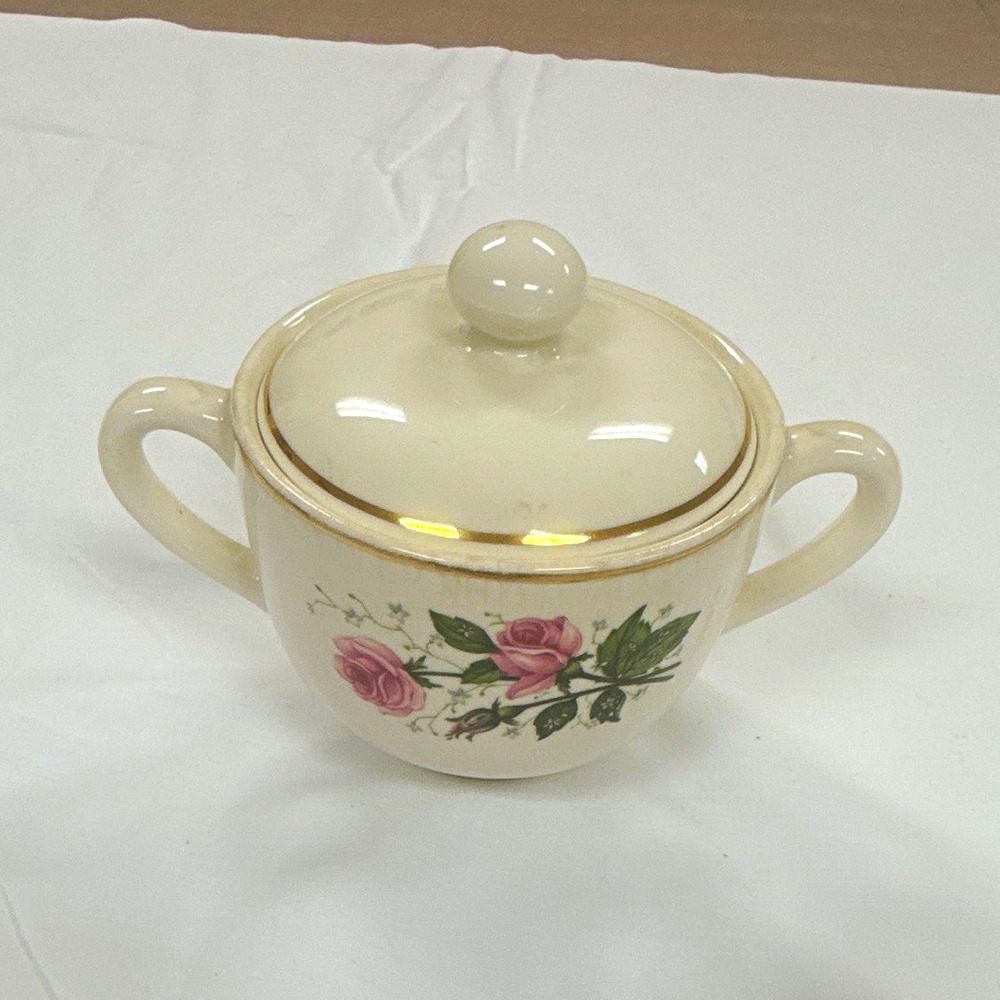 Ceramic Floral Sugar Bowl w/ Lid & Handles Beige Pink Roses Gold Trim